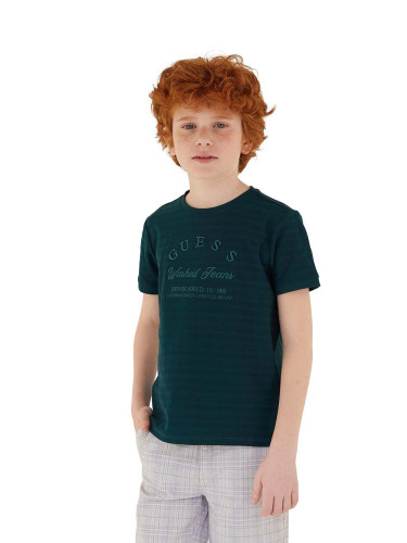 Детска памучна тениска Guess в зелено с апликация