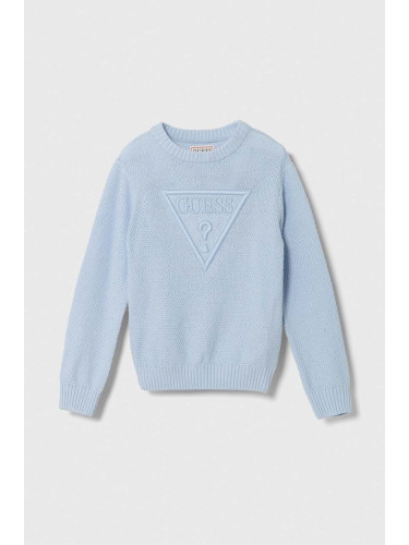 Детски памучен пуловер Guess в синьо от лека материя