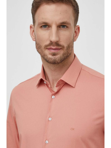 Риза Calvin Klein мъжка в розово с кройка по тялото класическа яка K10K108229