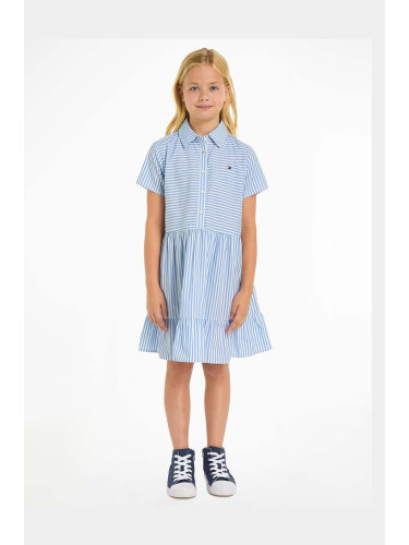 Детска памучна рокля Tommy Hilfiger в синьо къса разкроена