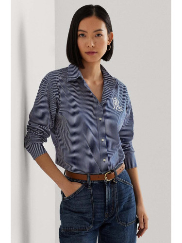 Памучна риза Lauren Ralph дамска в тъмносиньо със стандартна кройка с класическа яка 200928499