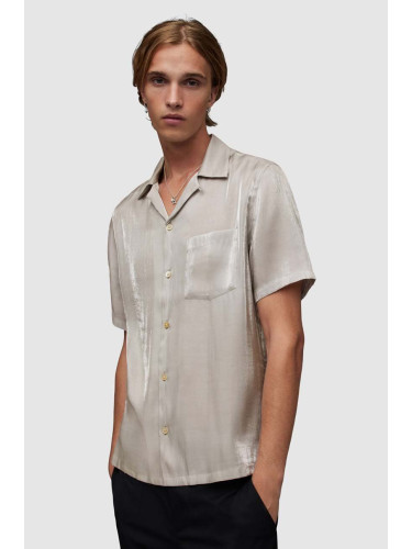 Риза AllSaints Duran мъжка в сиво със свободна кройка