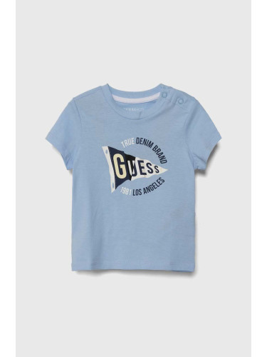 Детска памучна тениска Guess в синьо с принт