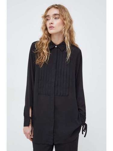 Риза Bruuns Bazaar дамска в черно със стандартна кройка с класическа яка
