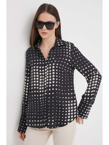 Риза Sisley дамска в черно със стандартна кройка с класическа яка