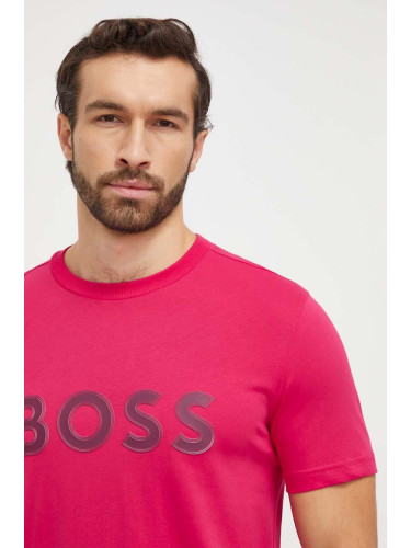 Памучна тениска Boss Green в розово с апликация 50506344