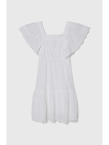 Детска памучна рокля Pepe Jeans ODELET в бяло къса разкроена