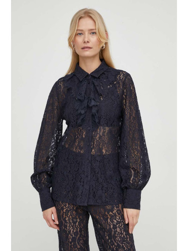 Риза Bruuns Bazaar дамска в тъмносиньо със стандартна кройка с класическа яка