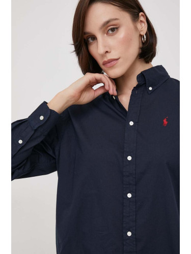 Памучна риза Polo Ralph Lauren дамска в тъмносиньо със свободна кройка с класическа яка 211916277