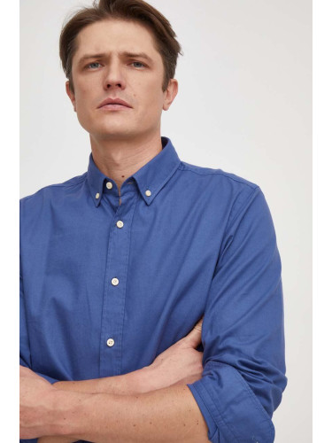 Памучна риза BOSS мъжка в синьо със стандартна кройка с яка копче 50508914