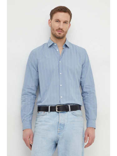 Памучна риза Sisley мъжка в синьо с кройка по тялото с класическа яка
