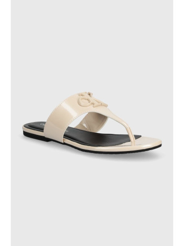 Джапанки Calvin Klein Jeans FLAT SANDAL SLIDE TOEPOST MG MET в бежово с равна подметка YW0YW01342