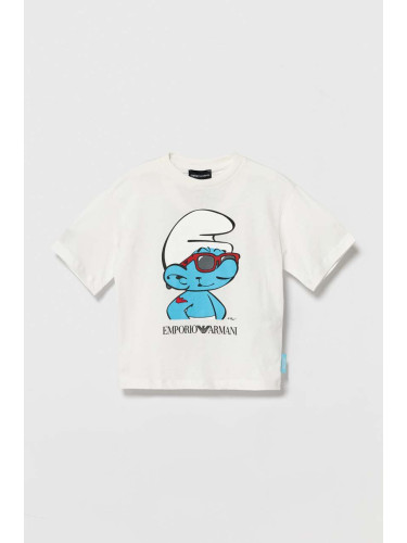 Детска памучна тениска Emporio Armani The Smurfs в бяло с принт