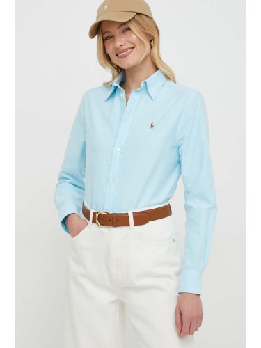 Памучна риза Polo Ralph Lauren дамска в синьо със свободна кройка с класическа яка 211932521