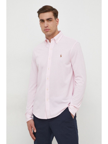 Памучна риза Polo Ralph Lauren мъжка в розово със стандартна кройка с яка копче 710934576