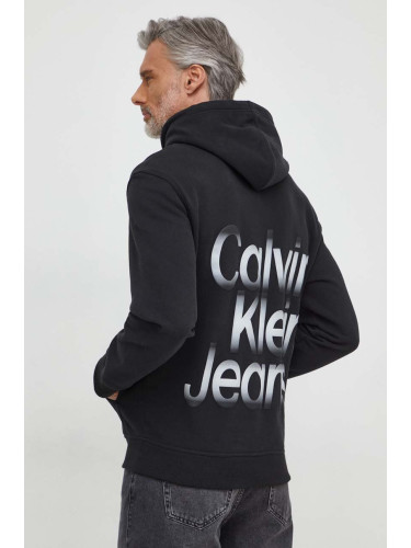 Памучен суичър Calvin Klein Jeans в черно с качулка принт J30J325698