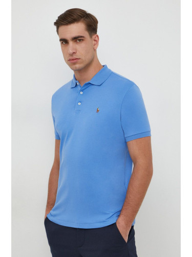 Памучна тениска с яка Polo Ralph Lauren в синьо с изчистен дизайн 710704319