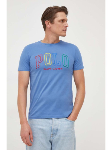 Памучна тениска Polo Ralph Lauren в синьо с апликация 710929077