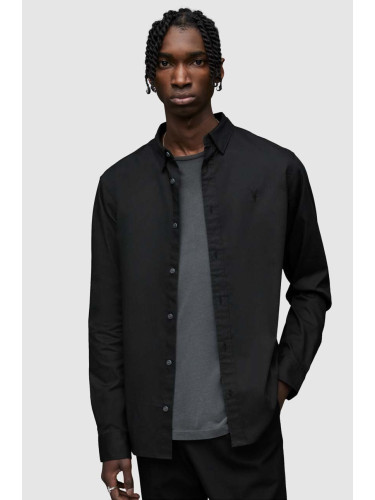 Риза AllSaints мъжка в черно със стандартна кройка с яка с копче
