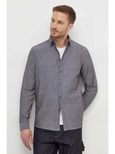 Памучна риза Sisley мъжка в сиво с кройка по тялото с класическа яка