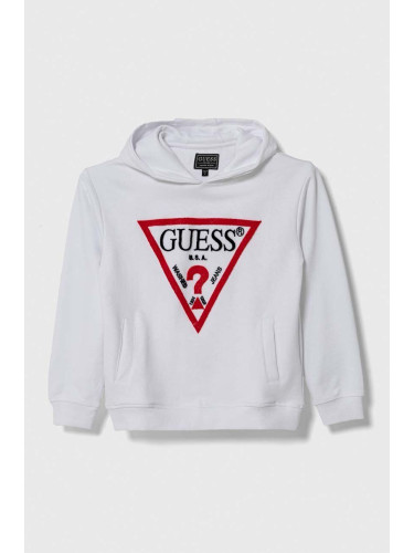 Детски памучен суичър Guess в бяло с качулка с апликация