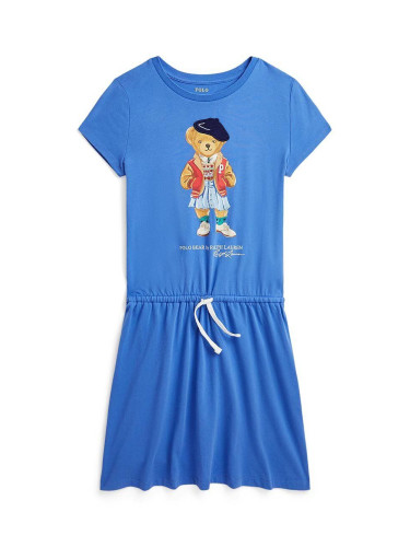 Детска памучна рокля Polo Ralph Lauren в синьо къса разкроена