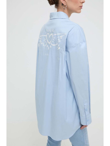 Риза Miss Sixty дамска в синьо със свободна кройка с класическа яка