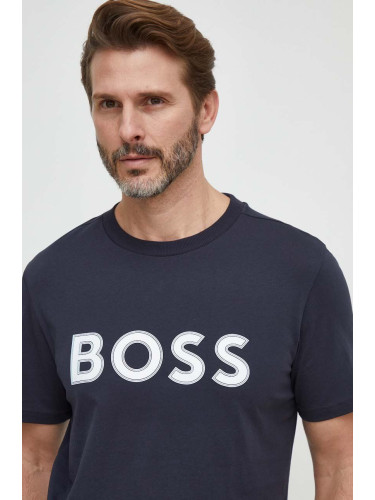 Памучна тениска Boss Green в синьо с апликация 50506344