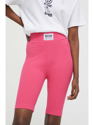 Къс панталон Moschino Jeans в розово с изчистен дизайн с висока талия