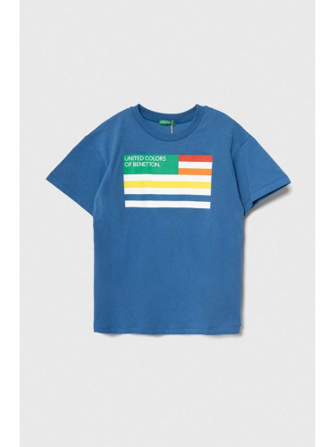 Детска памучна тениска United Colors of Benetton в синьо с принт