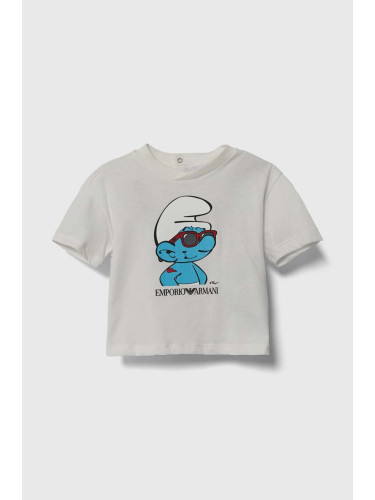 Бебешка памучна тениска Emporio Armani x The Smurfs в бежово с принт