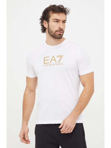 Памучна тениска EA7 Emporio Armani в бяло с принт