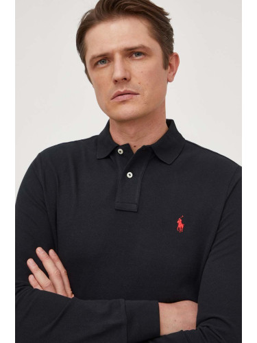 Памучна блуза с дълги ръкави Polo Ralph Lauren в черно с изчистен дизайн 710680790
