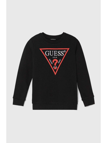 Детски памучен суичър Guess в черно с апликация