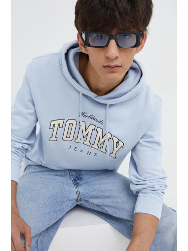 Памучен суичър Tommy Jeans в синьо с качулка апликация DM0DM18401