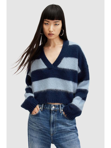 Пуловер с вълна AllSaints LOU CROP дамски в синьо