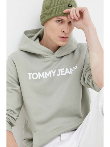 Памучен суичър Tommy Jeans в зелено с качулка принт DM0DM18413