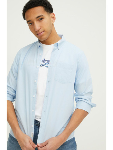 Риза Hollister Co. мъжка в синьо със стандартна кройка с яка с копче
