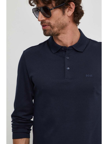Памучна блуза с дълги ръкави BOSS в синьо с изчистен дизайн 50468392