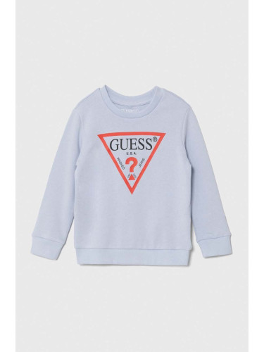 Детски памучен суичър Guess в синьо с принт