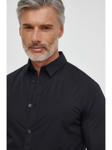 Риза Calvin Klein Jeans мъжка в черно с кройка по тялото класическа яка J30J324614