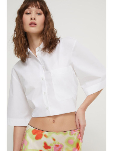 Памучна риза HUGO дамска в бяло със свободна кройка с класическа яка 50512719