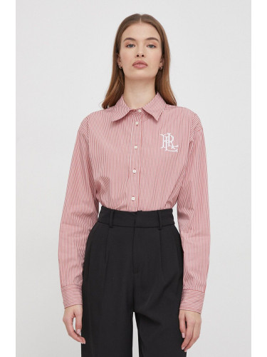 Памучна риза Lauren Ralph дамска в розово със стандартна кройка с класическа яка 200928499