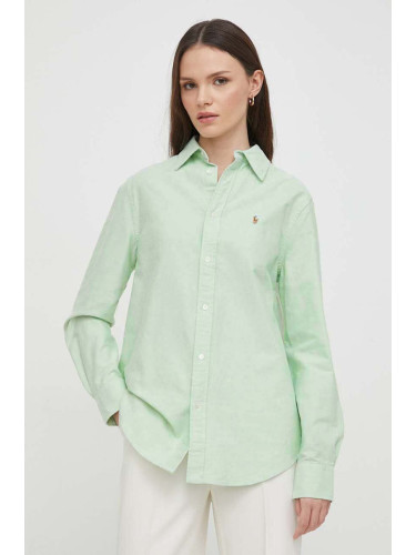 Памучна риза Polo Ralph Lauren дамска в зелено със свободна кройка с класическа яка 211932521