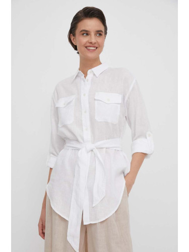 Ленена риза Lauren Ralph в бяло със стандартна кройка с класическа яка 200786629