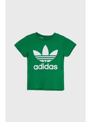Детска памучна тениска adidas Originals TREFOIL в зелено с принт