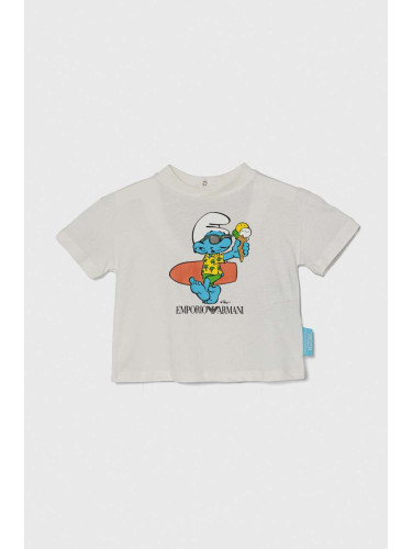 Бебешка памучна тениска Emporio Armani x The Smurfs в бяло с принт
