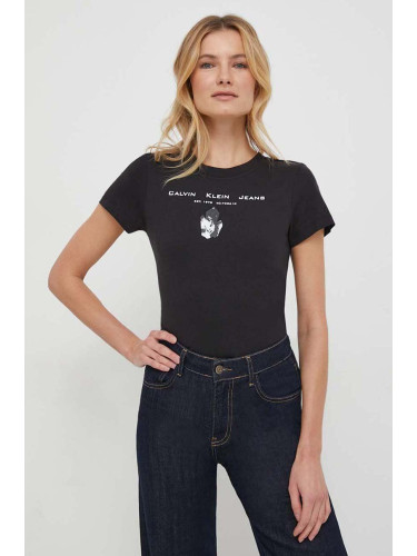 Памучна тениска Calvin Klein Jeans в черно J20J222645