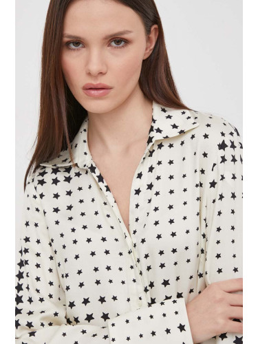 Риза Sisley дамска в бежово със стандартна кройка с класическа яка