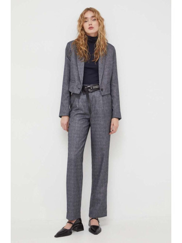 Панталон Bruuns Bazaar в сиво със стандартна кройка, с висока талия